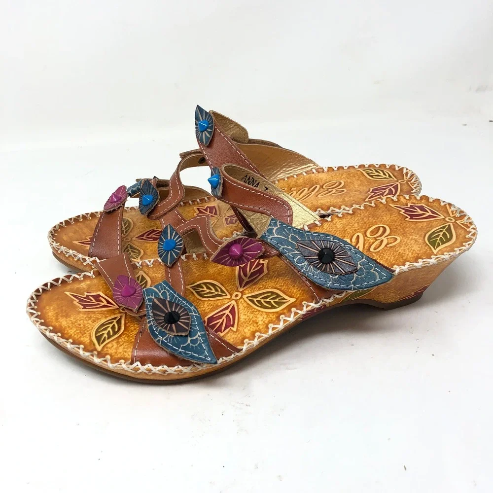 Elite by Corkys Womens 7 Anna Wedge Sandals Brown Floral Tooled Leather Boho